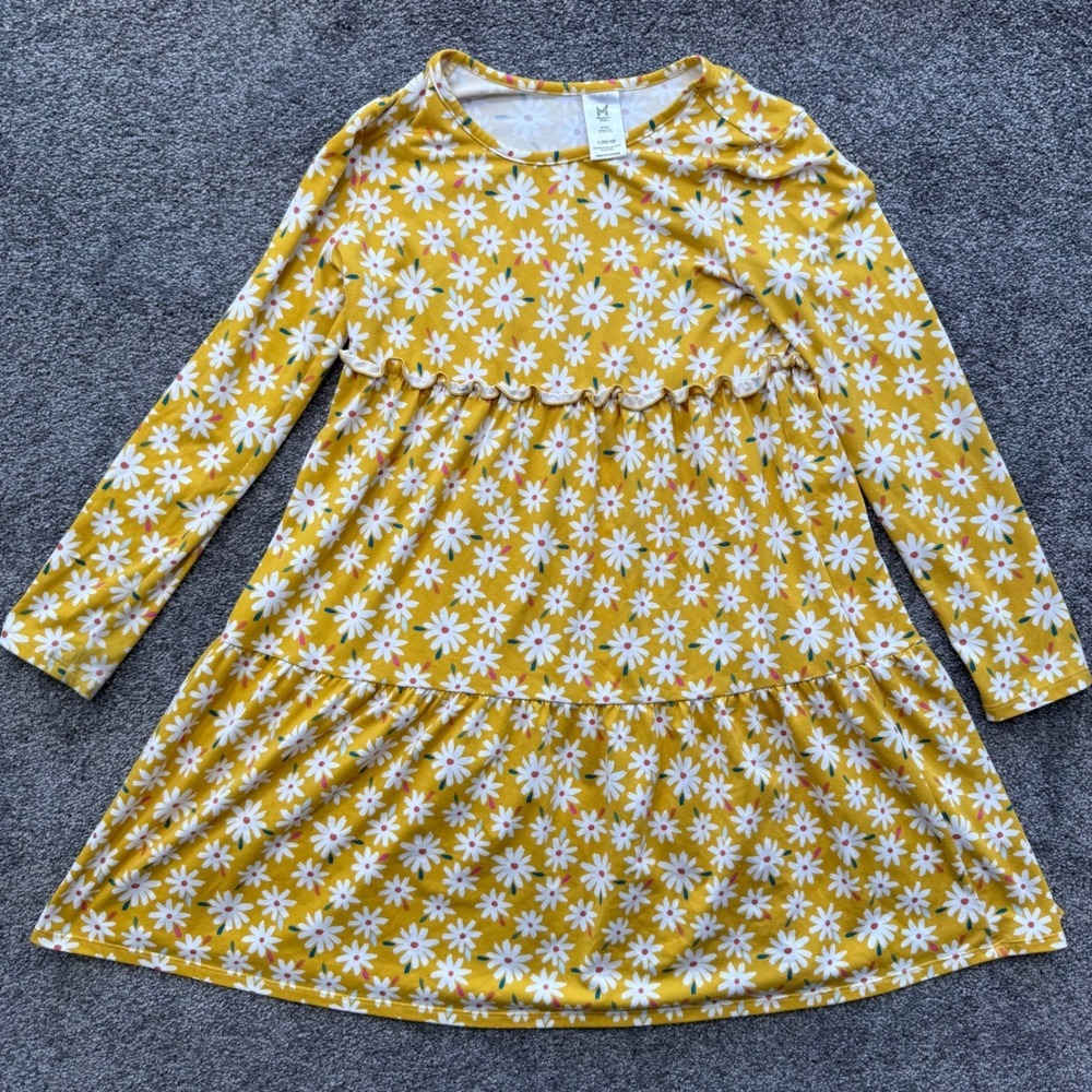 Member's Mark Girls Mustard Yellow Daisy Floral Tiered Long Sleeve Dress L 10/12